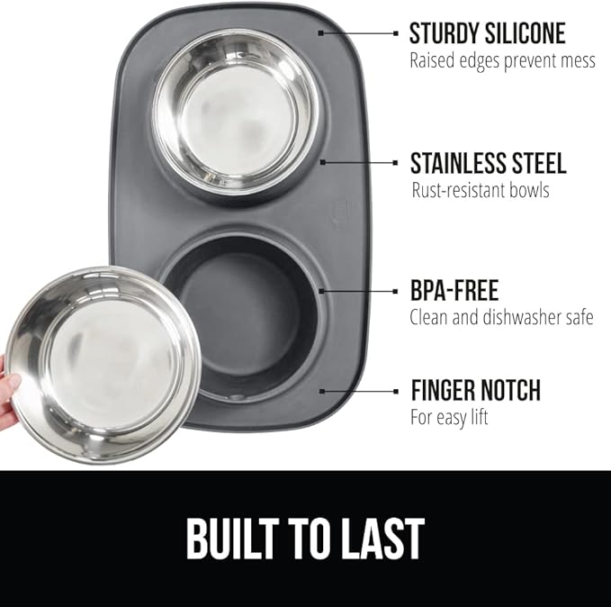 GORILLA GRIP Feeding Mat Set, 4 Cup, Patent Pending 100% Waterproof BPA Free Silicone, Stainless Steel Cat and Dog Bowls, Slip Resistant, High Edges Catch Water Food, US Designed Pet Accessories, Gray