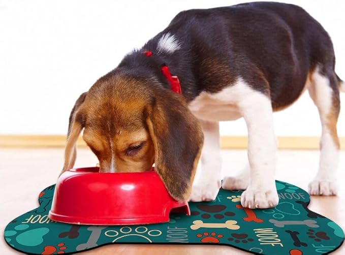 Dog Food Mats for Floors Waterproof, Pet Feeding Absorbent Water Bowl Mat Cat Placemats Green Bone Shape 23.6 * 15.7 inch