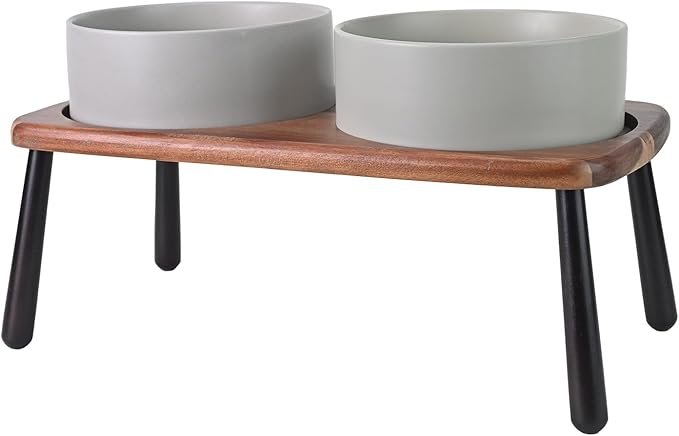 SPUNKYJUNKY Ceramic Elevated Dog Bowls Raised with Acacia Bamboo Wooden Stand, 8.3'' Dog Food Water Bowls Set Non-Slip for Medium Large Sized Breed Microwave Dishwasher Safe - 60 OZ,Grey
