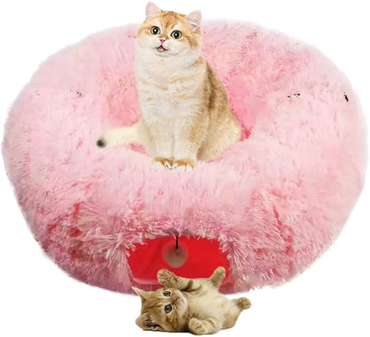 Cat Bed Tunnel Tube Toy Pink Plush Round, Collapsible Pet Tunnels for Indoor Cats, Interactive Toys Play Tubes with Hanging Ball for Kitty, Puppy, Rabbit for Fun Playtime & Exercise