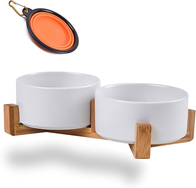 Petygooing Dog Bowls,White Ceramic Cat Dog Bowl Set with Wood Stand for Food and Water Feeder, Modern Pet Dish Set for Cats and Small Size Dogs Puppy (13.5OZ/5.1 in)