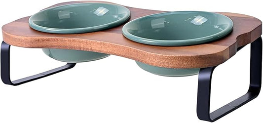 SPUNKYJUNKY Ceramic Elevated Tilted Dog Bowls Bone-Shaped Raised with 2 Height Iron Stand, 4.9'' Dog and Cat Food Water Bowls Set Non-Slip for Puppy Kitten Small Sized Breed - 7 OZ,Dark Green
