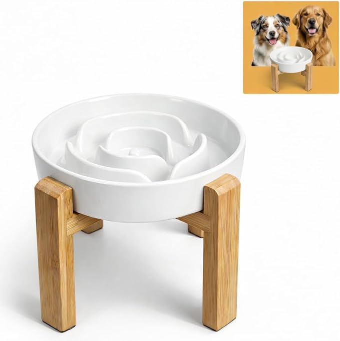 Elevated Slow Feeder Dog Bowl - Upgraded with Screwed Bamboo Stand - Ceramic Maze Dish for Fast Eaters - Raised Feeding Bowl for Medium and Large Dogs - White - 8.4 inch