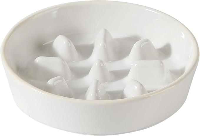 Ceramic 1.2 Cup Dog Bowl Slow Feeder, 7.3 inch Slow Pet Food Dish for Medium and Small Dog, Stop Bloat, Preventing Choking(Single Bowl, Reactived Glaze -White)