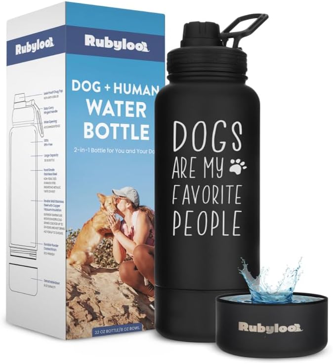 Dog Water Bottle for Dog Lovers - 32 oz Stainless Steel Double Wall Insulated Water Bottle with 8 oz Detachable Bowl on Bottom- Doggy Lover Gift for Hiking, Walks, Travel - “Favorite People” Black