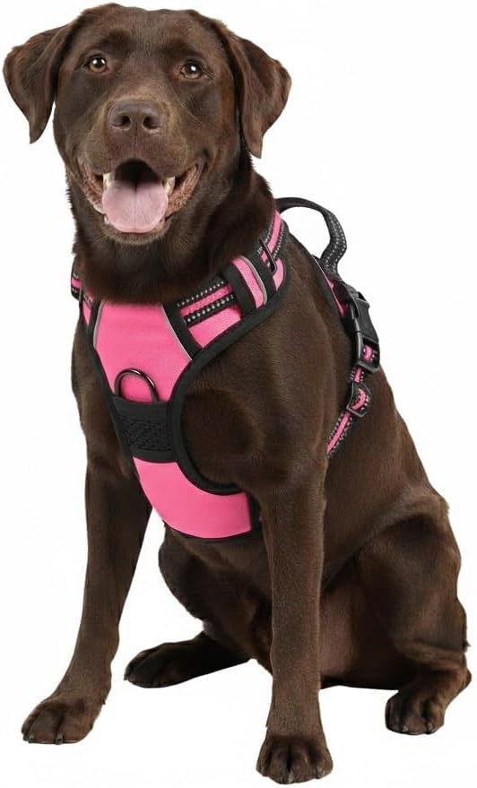 No Pull Dog Harness, Reflective Comfortable Vest Harness with Front & Back Easy Control Handle Adjustable Soft Padded Pet Vest for Small to Large Dogs(Pink,L)