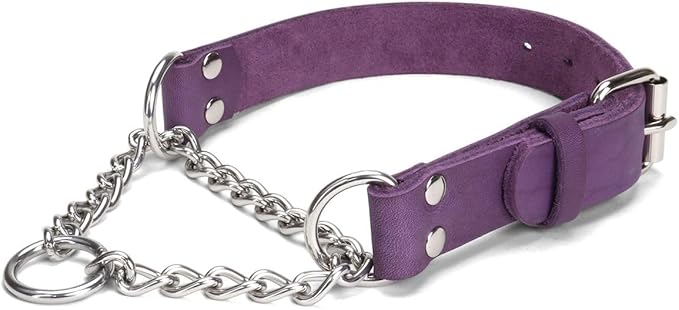 Martingale Collar for Dogs No-Pull Adjustable Training Collar with Stainless Steel Chain - Genuine Leather Anti-Slip Design for Small,Medium,Large Breed Dogs - Purple (S)