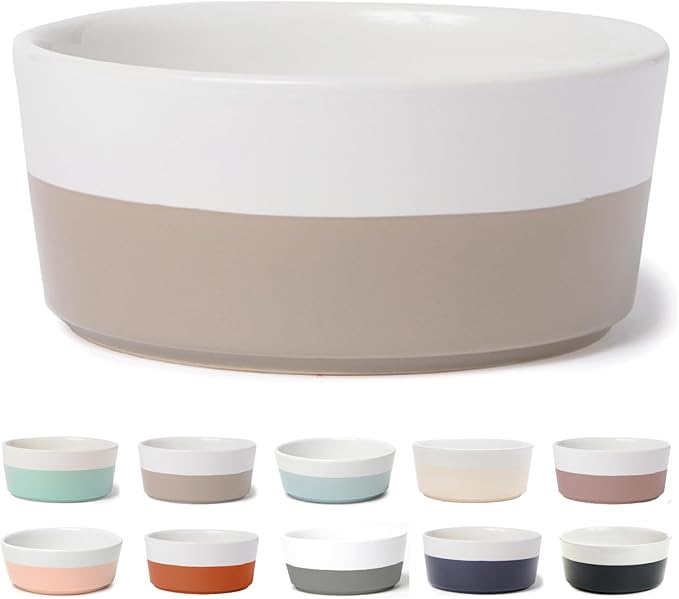 Waggo Dipper Ceramic Dog Bowl for Small and Large Breeds - Heavyweight and Durable Pet Food and Water Dish Crock, Dishwasher Safe, Modern (Vintage Grey, Medium)