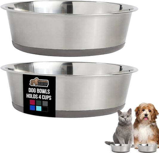 GORILLA GRIP Dog Bowls, Holds 4 Cups Each (32 fl oz), Heavy Duty Stainless Steel Food and Water Bowl for Feeding Dogs and Cats, Dishwasher Safe, Rust Resistant, BPA Free Rubber Base, Set of 2 Gray