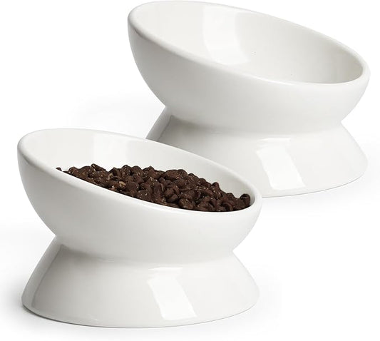 YauYik Cat Bowls Elevated, Raised Cat Food Bowls for Indoor Cats, Puppy, Ceramic Tilted Kitty Dish, 6 Inch Whisker Friendly Anti Vomit Pet Feeding Station, Dishwasher Safe (White, 2 Pack)