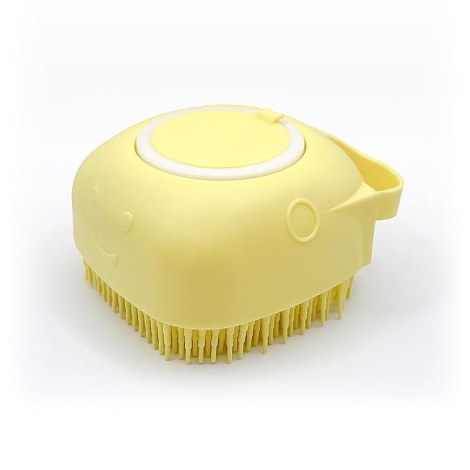 HamInWay Dog Bath Brush, 2-in-1 Dog Grooming Brush with Built-in Shampoo Dispenser, Gentle Silicone Bristles for Bath & Massage, Non-Slip Handle, Easy Clean Design for Dogs, Cats & Small Pets, Yellow