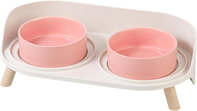 Elevated Ceramic Cat Bowl Set - Raised Double Dishes for Food & Water - Non-Slip Stand & Splash Proof - for Cats & Puppies - 2 x 480 ML - 16.23 OZ