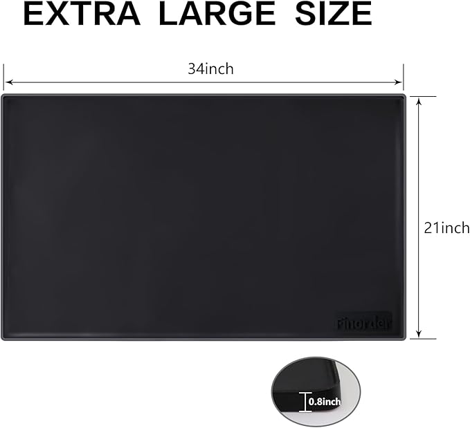 Finorder 34"x 21" 100% Silicone Pet Feeding Mat, Higher Raised Edges and Slip Resistant Pet Food and Water Bowl Mat, Waterproof Pet Food Placemat Silicone Tray, Dishwasher Safe (Black)