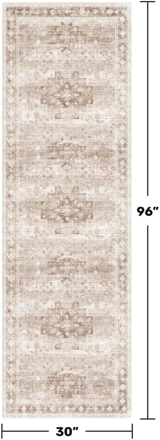 Beige Washable 2'6"x8' Wide Hallway Runners, Kitchen Runner Rug, Non-Slip & Stain Resistant Long Floor Rug, Neutral Boho Floral Decor (2'6"x8' Beige/Latte)