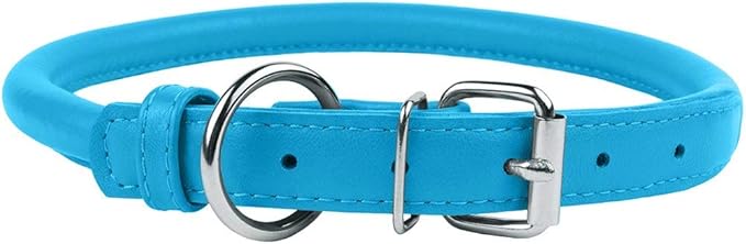 CollarDirect Rolled Leather Dog Collar, Soft Padded Round Puppy Collar, Handmade Genuine Leather Collar Dog Small Large Cat Collars 13 Colors (13-16 Inch, Light Blue Textured)