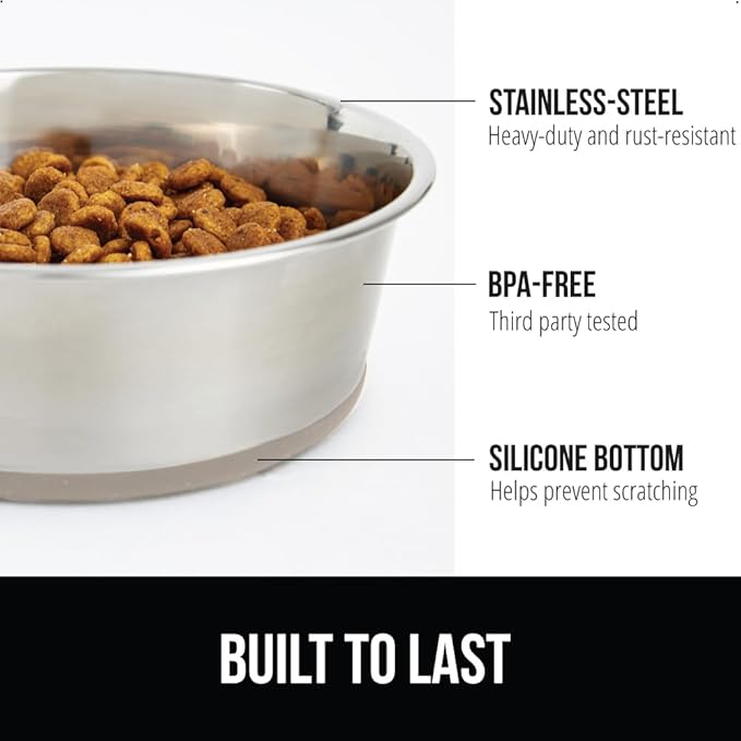 GORILLA GRIP Dog Bowls, Holds 2 Cups Each (16 fl oz), Heavy Duty Stainless Steel Food and Water Bowl for Feeding Dogs and Cats, Dishwasher Safe, Rust Resistant, BPA Free Rubber Base, Set of 2 Beige