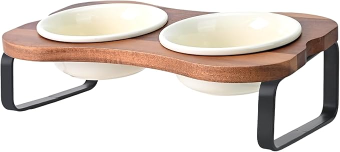 SPUNKYJUNKY Ceramic Elevated Tilted Dog Bowls Bone-Shaped Raised with 2 Height Iron Stand, 4.9'' Dog and Cat Food Water Bowls Set Non-Slip for Puppy Kitten Small Sized Breed - 7 OZ,Beige