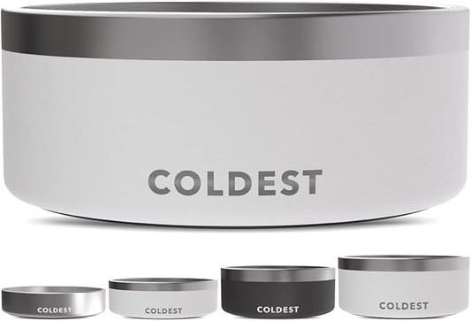 Coldest Dog Bowl - Anti Rust Metal, Non Slip, 3 Layers Insulated Stainless Steel Dog Bowls - Spill Proof & Heavy Duty - Water Bowl for Dogs, Cats & Pets, Dish Washer Safe (100 oz, Epic White)