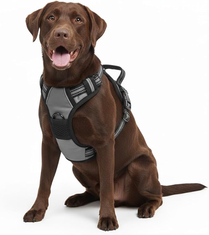 No Pull Dog Harness, Reflective Comfortable Vest Harness with Front & Back Easy Control Handle Adjustable Soft Padded Pet Vest for Small to Large Dogs(Gray,L)