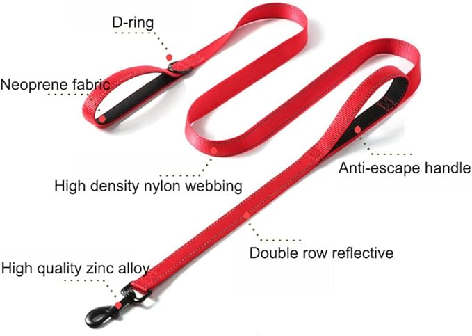 Reflective Nylon Dog Leash Heavy Duty, Two Handles with Padded for Extra Control Outside Durable Training Lead for Small Medium Large Breed Pet Dogs, 5ft Long 1-inch Width, Red