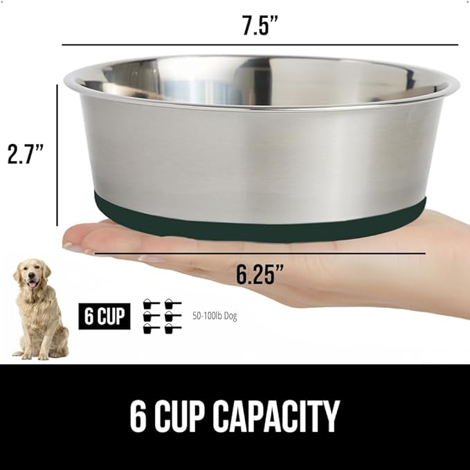 GORILLA GRIP Set of 2 Dog Bowls, Holds 6 Cups (48 fl oz), Heavy Duty Metal Food and Water Bowl for Feeding Dogs and Cats, Dishwasher Safe, Rust Resistant Stainless Steel, BPA Free Rubber Base, Green