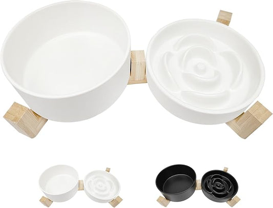 Ceramic Slow Feeder Dog Bowls-1 Cup Puzzle Dog Food Bowl & 850ML Water Dish with Wooden Stand for Small and Medium Breed, Anti-Gulping,Anti-Chewing,Anti-Slip,White