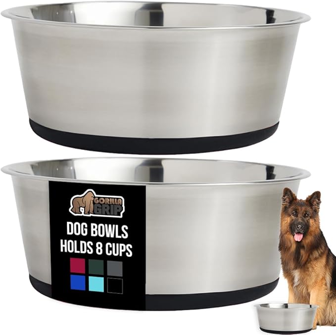 GORILLA GRIP Set of 2 Dog Bowls, Holds 8 Cups (64 fl oz), Heavy Duty Metal Food and Water Bowl for Feeding Dogs and Cats, Dishwasher Safe, Rust Resistant Stainless Steel, BPA Free Rubber Base, Black