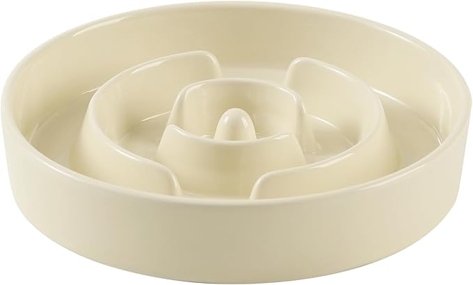 Ceramic 1.2 Cup Slow Feeder Dog Bowl for Medium and Small Breed, 7.3inch Puzzle Dog Food Dish, Anti-Gulping, Stop Bloat, Preventing Choking (Single Bowl-Beige)