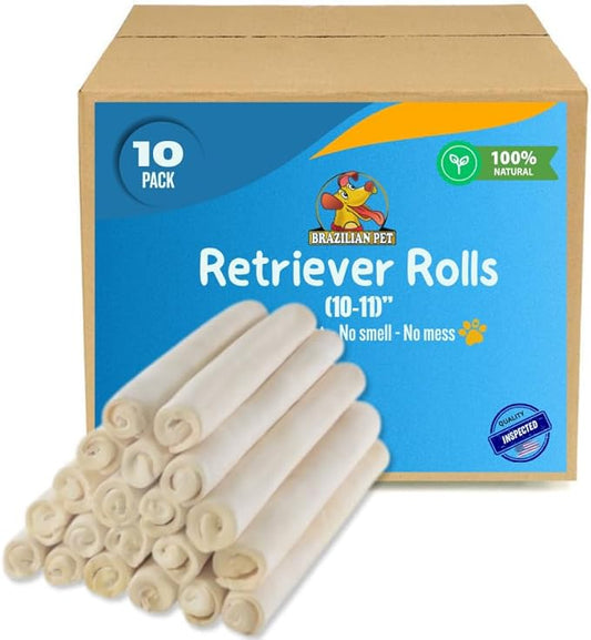 Brazilian Pet Premium Retriever Rolls 10-11 inches (10 Pack),100% Natural Dog Treat Chew. No Artificial Preservatives