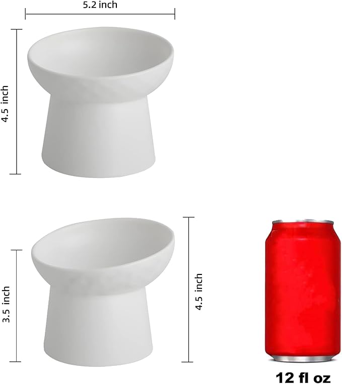 Small Ceramic Raised Cat Bowls, Tilted Elevated Food or Water Bowls, Stress Free, Backflow Prevention, Dishwasher and Microwave Safe, Lead & Cadmium Free(White)