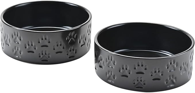 SPUNKYJUNKY Ceramic Dog Bowls 2 Pack, 7.3'' Dog Food Water Double Feeding Bowls Non-Slip for Medium to Large Sized Breed Microwave Dishwasher Safe - 42 OZ, 2pcs, Paw Black