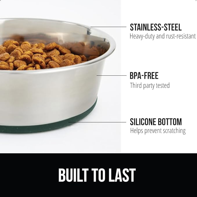 GORILLA GRIP Dog Bowls, Holds 4 Cups Each (32 fl oz), Heavy Duty Stainless Steel Food and Water Bowl for Feeding Dogs and Cats, Dishwasher Safe, Rust Resistant, BPA Free Rubber Base, Set of 2 Green
