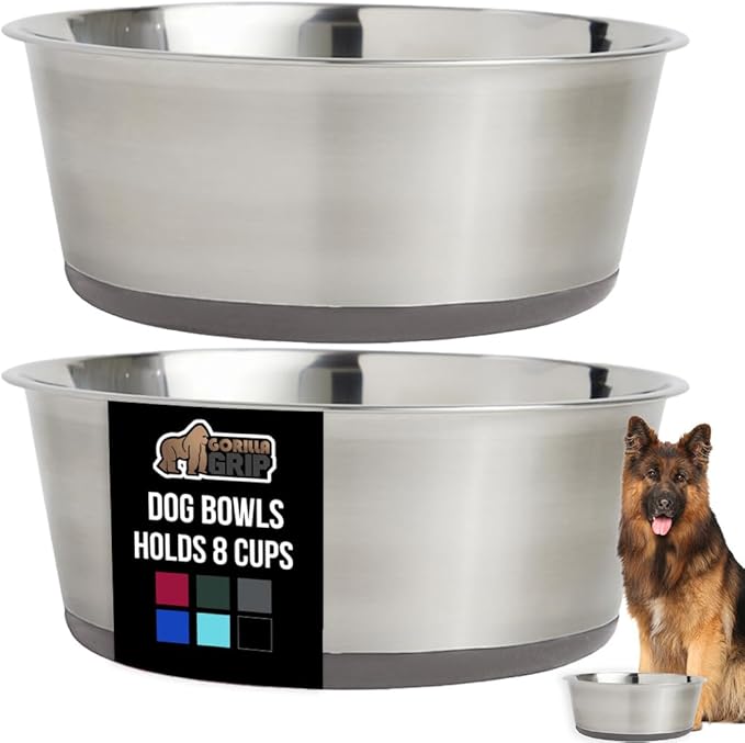 GORILLA GRIP Set of 2 Dog Bowls, Holds 8 Cups (64 fl oz), Heavy Duty Metal Food and Water Bowl for Feeding Dogs and Cats, Dishwasher Safe, Rust Resistant Stainless Steel, BPA Free Rubber Base, Gray