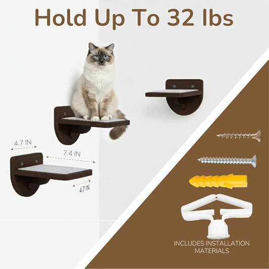 [Ready to Gift] PURRHOUSE 45LBS Capacity Cat Window Perch with Bolster, Hammock Seat with Premium Plywood & Metal Frame, Window Bed for Indoor Cats & Kittens (Walnut, Cat Wall Steps)