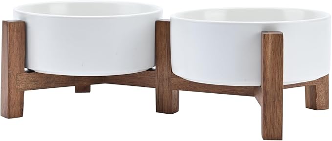 SPUNKYJUNKY Ceramic Dog Bowls with Acacia Wood Stand - Raised Dog Food and Water Bowl Set for Small Dogs (13.52 OZ, White)