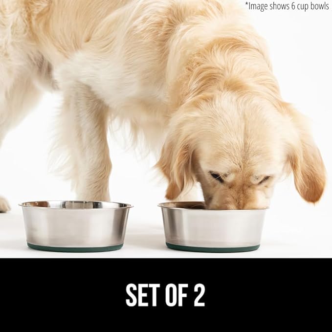 GORILLA GRIP Dog Bowls, Holds 4 Cups Each (32 fl oz), Heavy Duty Stainless Steel Food and Water Bowl for Feeding Dogs and Cats, Dishwasher Safe, Rust Resistant, BPA Free Rubber Base, Set of 2 Green