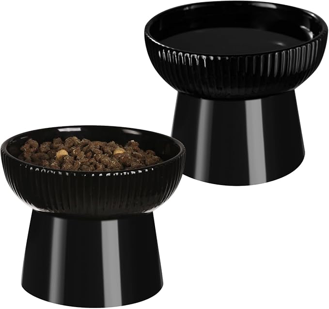 Ceramic Elevated Cat Bowls-Water Bowl, 15° Tilted Design, Anti-Vomiting & Spine Protection, Prevent Whisker Fatigue for Kittens to Adult Cats and Small Dogs (Black-Elevated Cat Bowls-2)