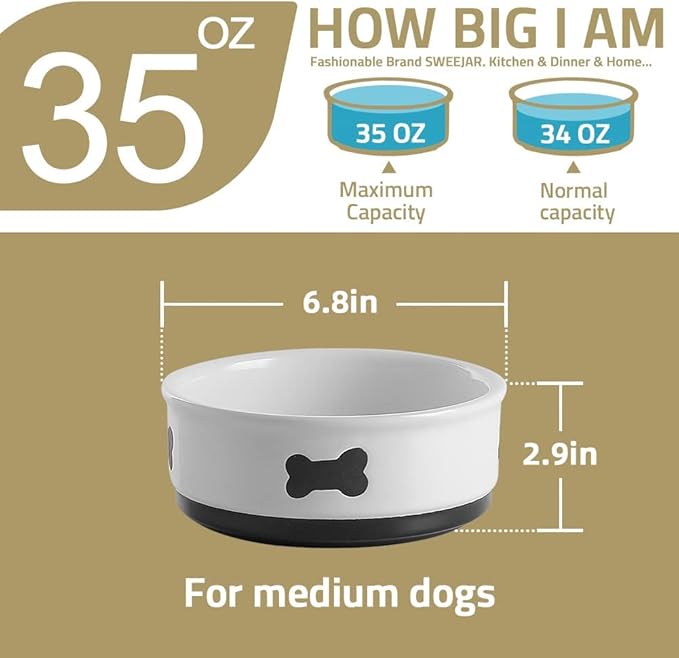 Sweejar Ceramic Dog Bowls with Bone Pattern, Dog Food Dish for Medium Dogs, Porcelain Pet Bowl for Water 35 Fl Oz (White)