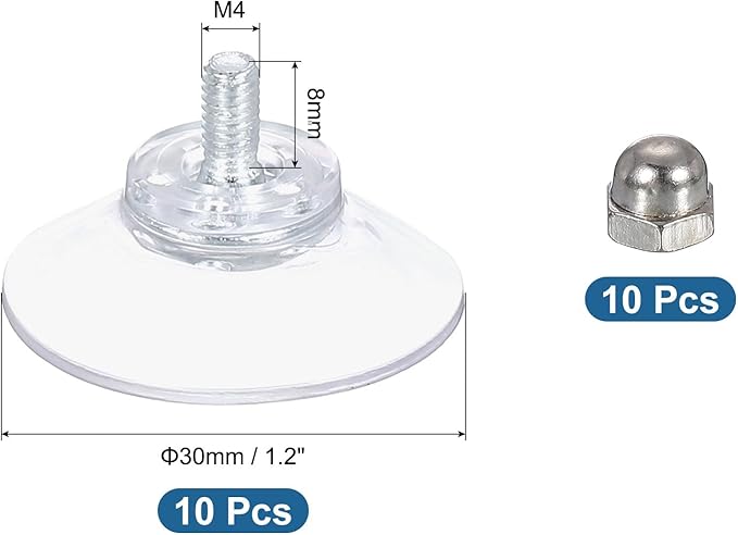 uxcell 10 Packs Suction Cups for Glass 30mm/1.2" Dia Clear PVC Window Glass Suction Sucker Pads with M4 x 8mm Screw for Window Bathroom Door Glass Wall Car Sun Shade