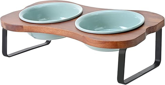 SPUNKYJUNKY Ceramic Elevated Tilted Dog Bowls Bone-Shaped Raised with 2 Height Iron Stand, 5.9'' Dog and Cat Food Water Bowls Set Non-Slip for Small Sized Breed - 13.5 OZ,Light Green