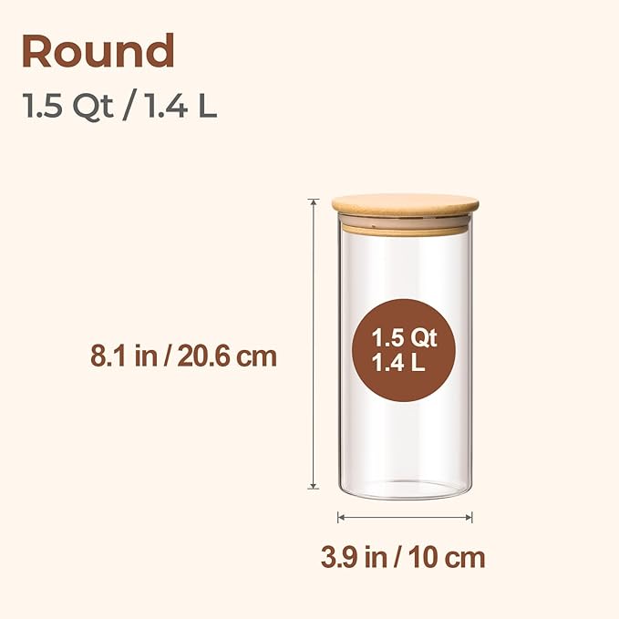 ComSaf Airtight Glass Storage Canister with Wood Lid(1.5 Qt), Set of 3 Glass Jars with Lids, Clear Food Storage Container Jar with Sealing Lids for Dry Food Cereal Oat Sugar Tea Coffee Beans, Round
