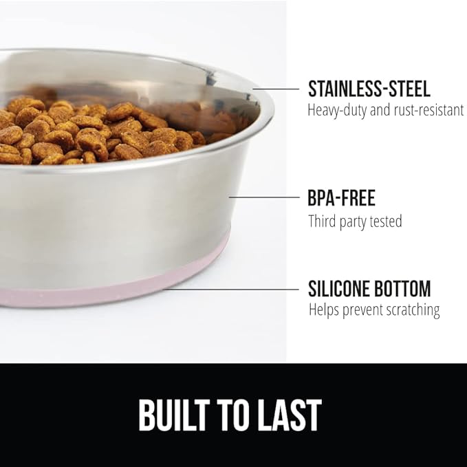 GORILLA GRIP Dog Bowls, Holds 1 Cup Each (8 fl oz), Heavy Duty Stainless Steel Food and Water Bowl for Feeding Dogs and Cats, Dishwasher Safe, Rust Resistant Metal, BPA Free Rubber Base, Set of 2 Pink