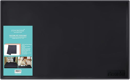 Finorder 34"x 21" 100% Silicone Pet Feeding Mat, Higher Raised Edges and Slip Resistant Pet Food and Water Bowl Mat, Waterproof Pet Food Placemat Silicone Tray, Dishwasher Safe (Black)