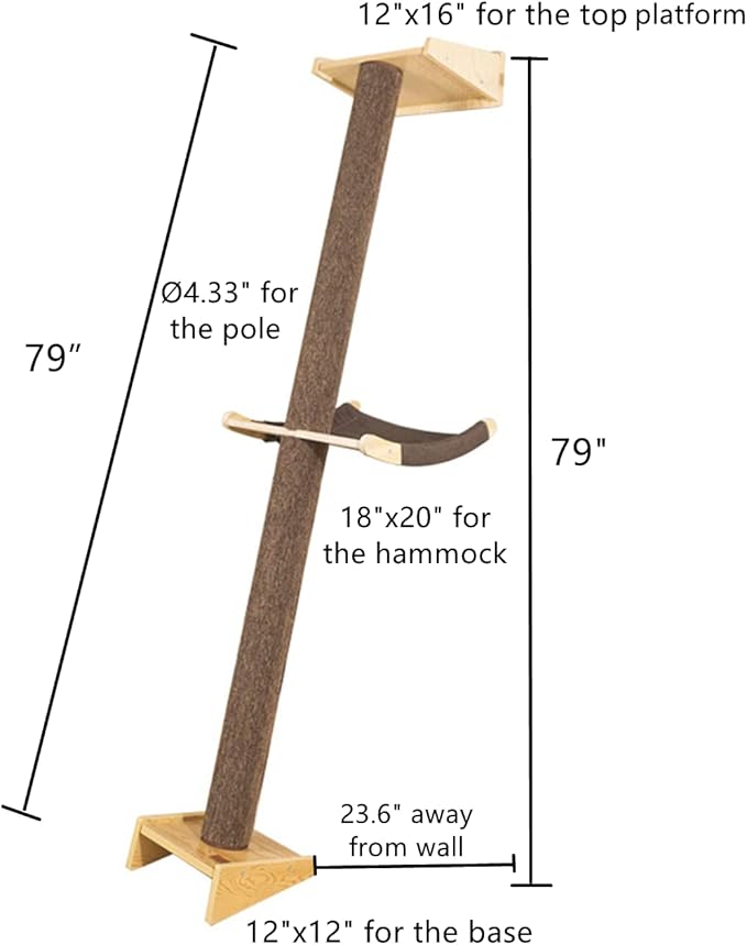 Modern 78.7“ Tall Leaning Wall Sisal Cat Tree Tower Scratching Post Pillar at 70 Degree Angle with Bed Hammock Perch, Cat Climbing Pole for Window (Sisal Cover)