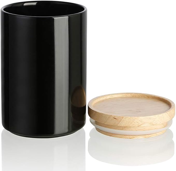 Sweejar Kitchen Canisters Ceramic Food Storage Jar, Stackable Containers with Airtight Seal Wooden Lid for Serving Ground Coffee, Tea, Sugar, Salt and More - 28 Fl Oz (Black)