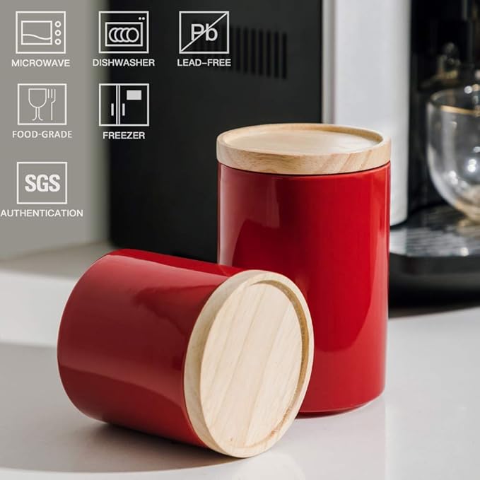 Sweejar Kitchen Canisters Ceramic Food Storage Jar, Stackable Containers with Airtight Seal Wooden Lid for Serving Ground Coffee, Tea, Sugar, Salt and More - 28 Fl Oz (Red)