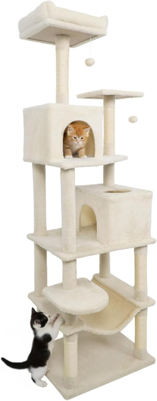 Tangkula Cat Tree for Indoor Cats, 75 Inch Extra Tall Cat Tower with Sisal Scratching Post, Padded Top Perch, Dual Condos, Hammock, 2 Dangling Balls, Platforms, Multi-Level Cat Climbing Furniture