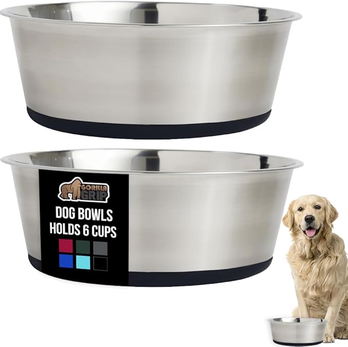 GORILLA GRIP Set of 2 Dog Bowls, Holds 6 Cups (48 fl oz), Heavy Duty Metal Food and Water Bowl for Feeding Dogs and Cats, Dishwasher Safe, Rust Resistant Stainless Steel, BPA Free Rubber Base, Black