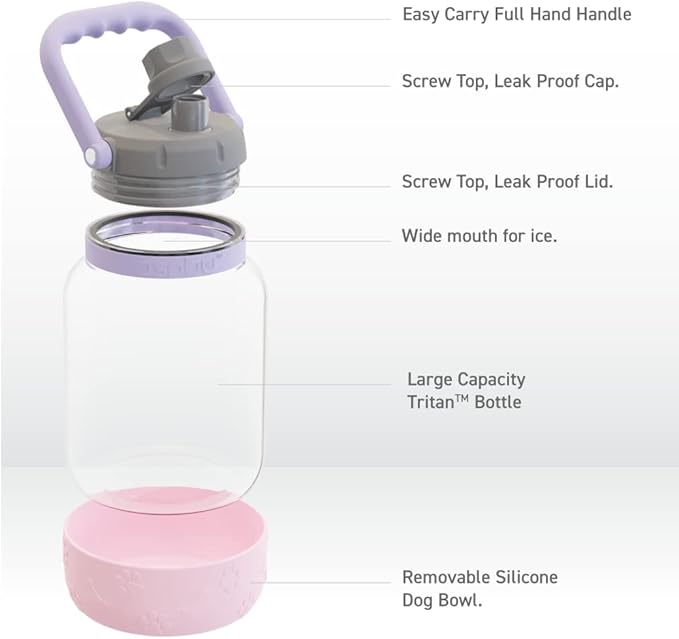 Asobu Buddy Bottle a Stainless Steel Insulated Water Bottle for with Removable Dog Water Bowl and Dog Food and Treat Storage Bowl (Pink, Barkley 50 oz Water Bottle with Bowl)