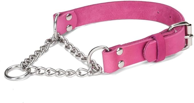Martingale Collar for Dogs No-Pull Adjustable Training Collar with Stainless Steel Chain - Genuine Leather Anti-Slip Design for Small,Medium,Large Breed Dogs - Pink (M)
